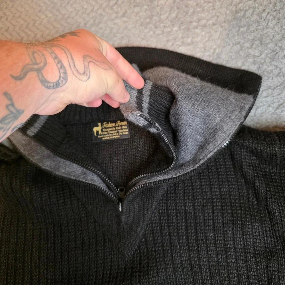 Fashion Forum 80% Alpaca 1/4 Zip Sweater Mens L Black Gray Made in Peru Pullover - Picture 4 of 9